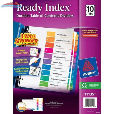 11135 READY INDEX TABLE OF CONTENTS DIVIDERS 10 TAB 1 SET Avery