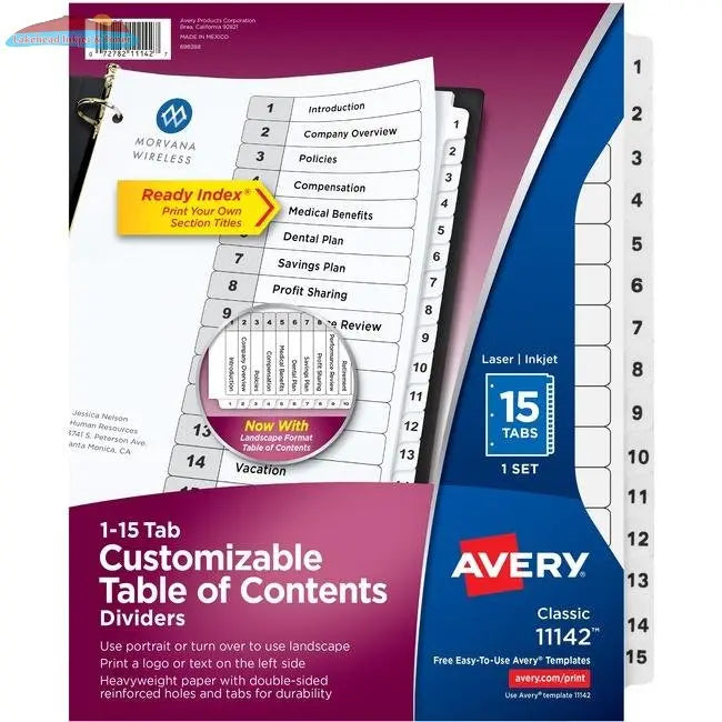11142 READY INDEX TABLE OF CONTENTS DIVIDERS 15 TAB 1 SET Avery