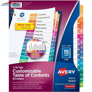 11143 READY INDEX TABLE OF CONTENTS DIVIDERS 15 TAB 1 SET Avery