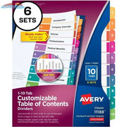 11188 READY INDEX TABLE OF CONTENTS DIVIDERS 10 TAB 6 SETS Avery