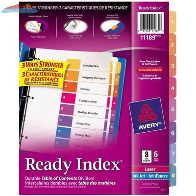 11189 READY INDEX TABLE OF CONTENTS DIVIDERS 8 TAB 6 SETS Avery