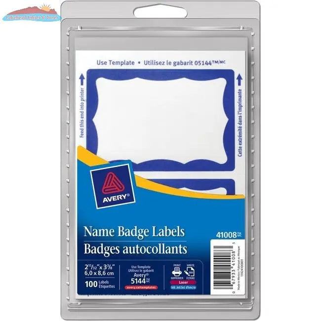 41008 NAME BADGE LABELS 211/12" x 33/8" BLUE BORDER 100 Avery