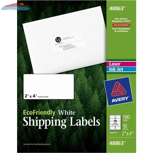 48863 ECO WHITE MAILING LABEL PERMANENT 2" X 4" 10 SHEETS Avery