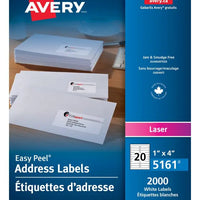 5161 WHITE, EASY PEEL, 4" X 1", PERMANENT,  100 SHEETS/BOX, Avery