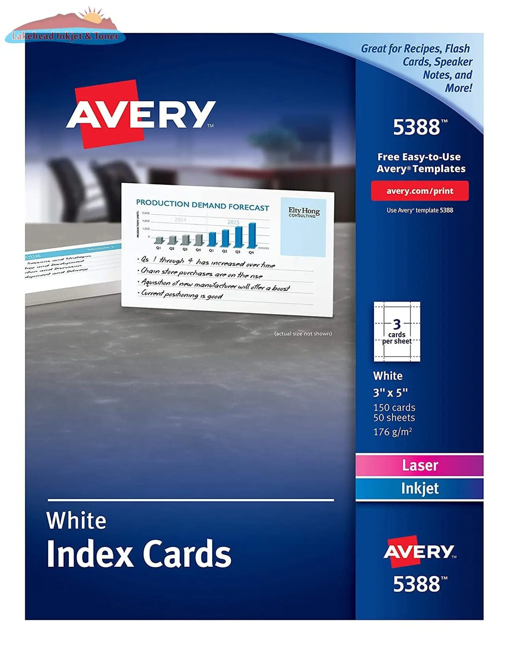 5388 OFFICE INDEX CARDS WHITE 3" X 5" 50 SHEETS/BOX 150 Avery