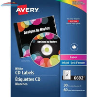 6692 CD LABELS WHITE FOR COLOUR LASER 15 SHEETS/ENV. 30 L Avery