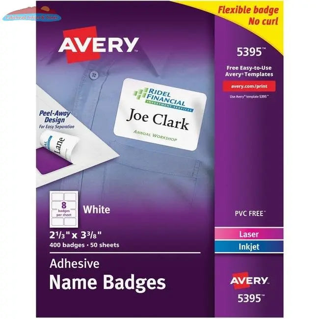 Avery&reg; Flexible Name Tag Stickers, White Rectangle Labels, Removable Name Badges, 2-1/3" x 3-3/8" , 400 Labels (5395) (AVE05395) Avery