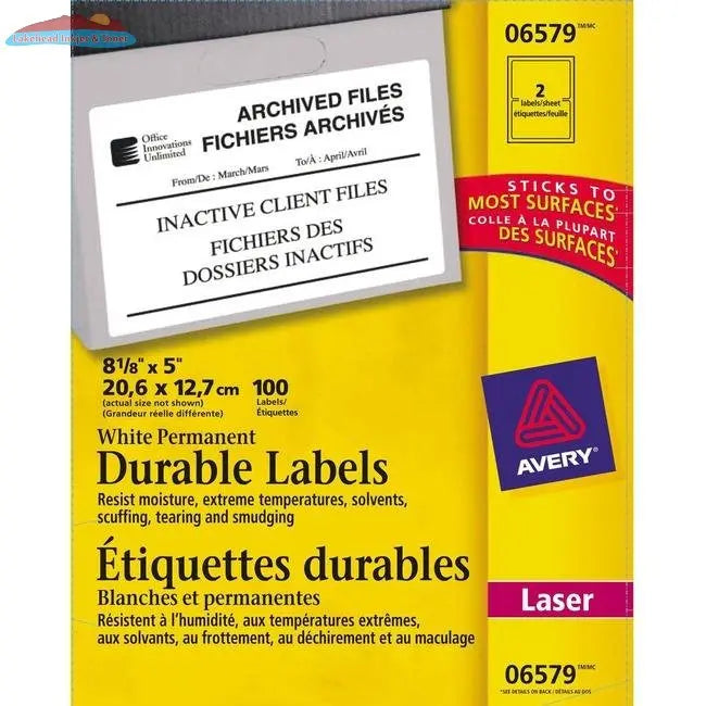 Avery&reg; Permanent Durable ID Labels, TrueBlock(R), 5" x 8-1/8" , Matte White, 100 Labels (6579) (AVE06579) Avery