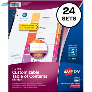 Avery&reg; Ready Index 5 Tab Dividers, Customizable TOC, 24 Sets (11167) (AVE11167) Avery