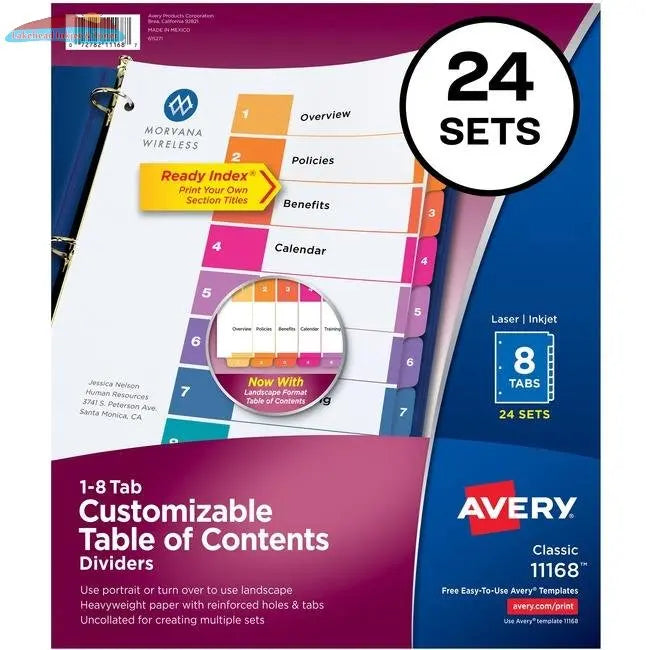 Avery&reg; Ready Index 8 Tab Dividers, Customizable TOC, 24 Sets (11168) (AVE11168) Avery