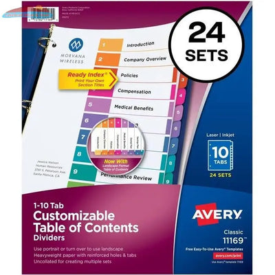 Avery® Ready Index(R) 10-Tab Binder Dividers, Customizable Table of Contents, Multicolor Tabs, 24 Sets (11169) (AVE11169) Avery