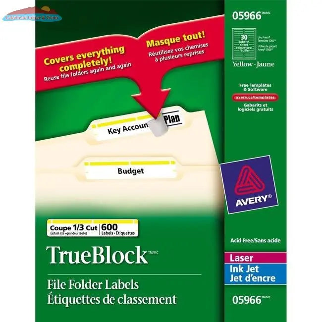 Avery&reg; TrueBlock(R) File Folder Labels, Sure Feed(TM) Technology, Permanent Adhesive, Yellow, 2/3" x 3-7/16" , 1,500 Labels (5966) (AVE05966) Avery
